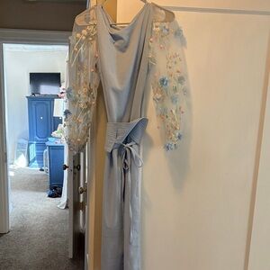 Elegant Light Blue Dress with Floral Embroidered Sleeves